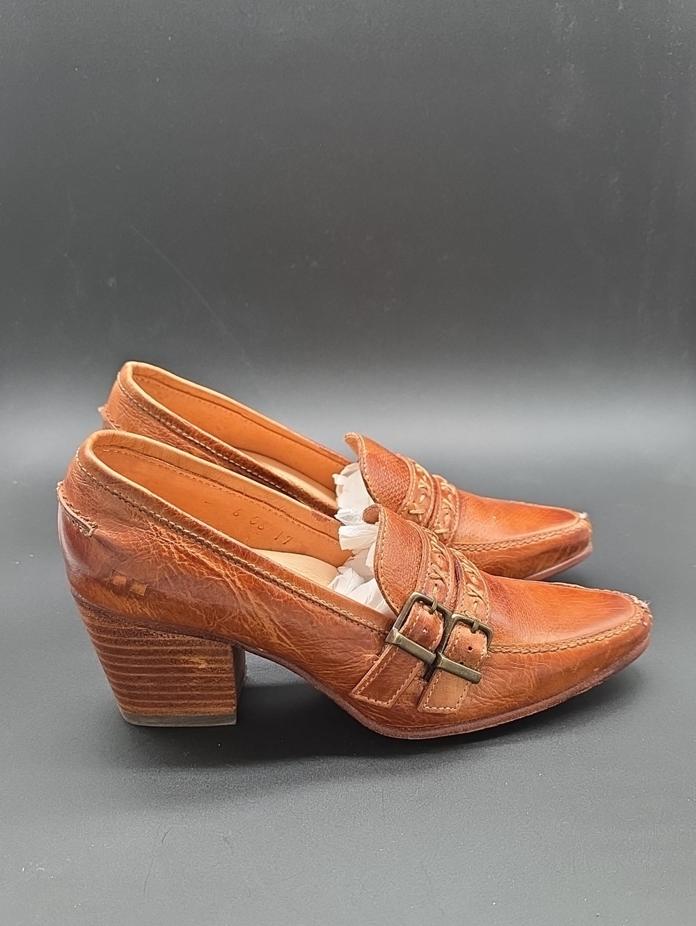 NEW BED STU Women's Tan Leather Buckle Block Heel Loafers SZ 7.5